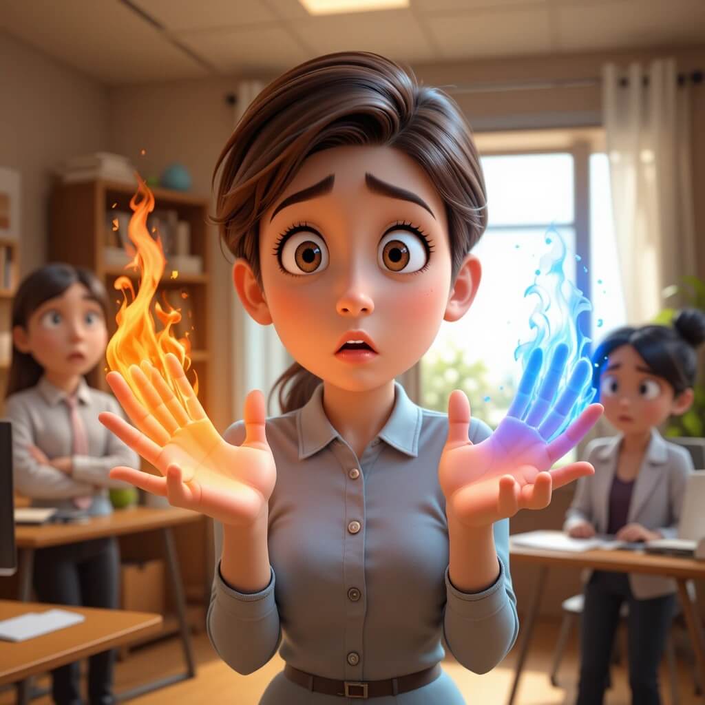 東和サーキット 女性の右手の指先は熱く燃えている 左手は冷たくなっている様子